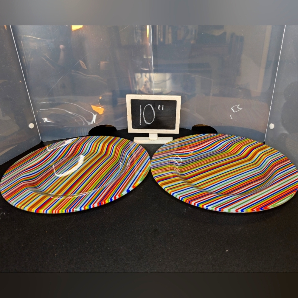 Pier 1 vintage colorful striped heavy glass 10" dinner plates‎ 2